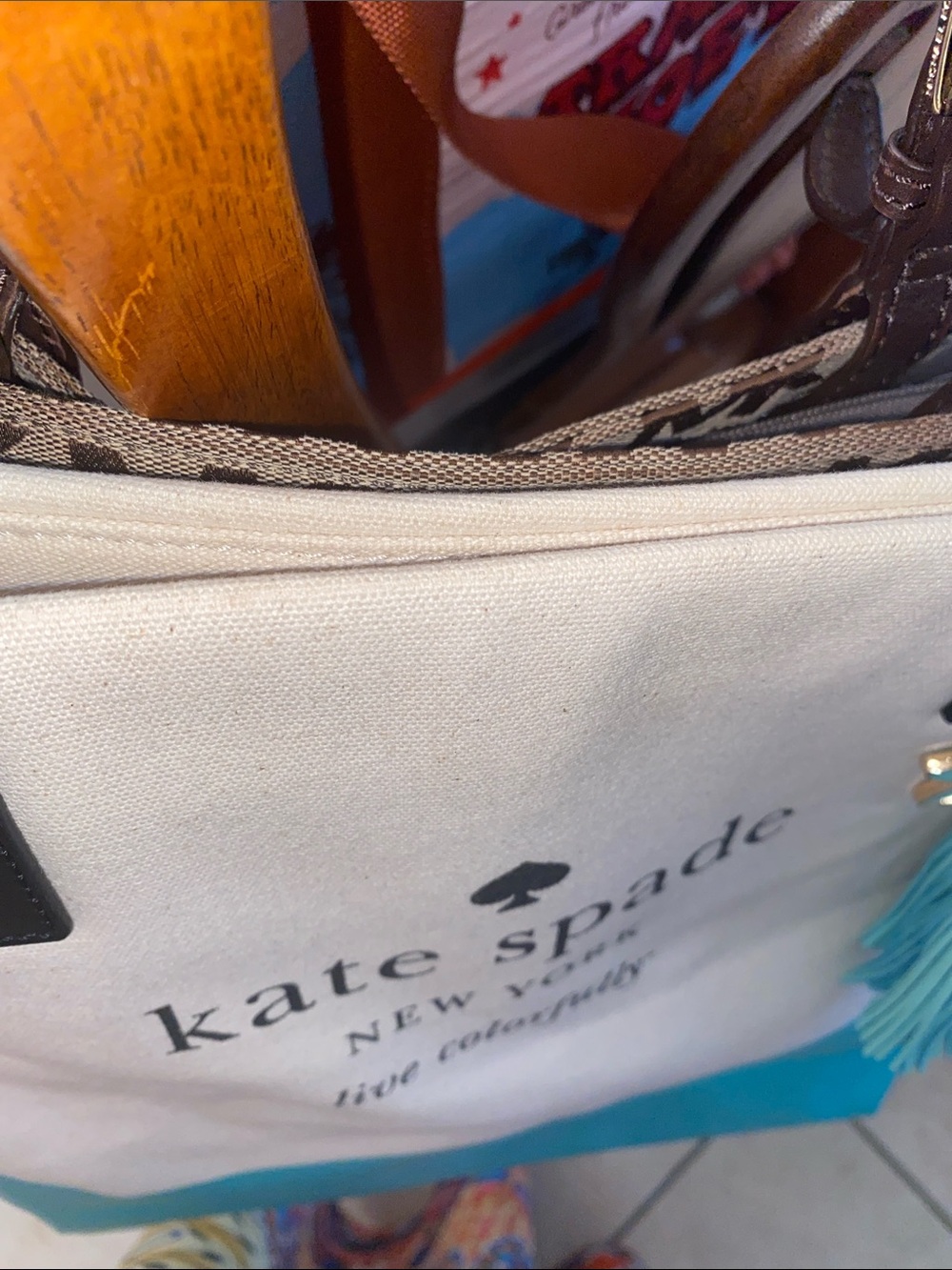kate spade Cream and Teal Colorblock Tote with Tassel Charm - Picture 4 of 4